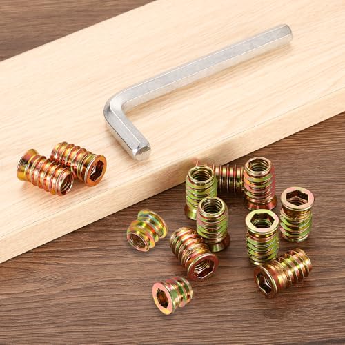 uxcell 1/4"-20 gold threaded nut inserts for wood, 15mm threaded studs, 100-piece set