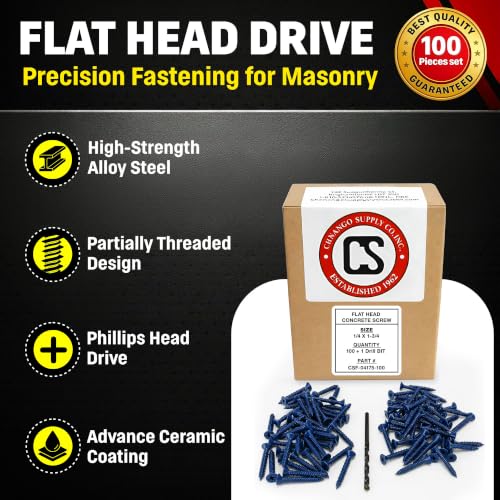 Chenango Supply 1/4 x 1-3/4-inch flat head concrete screw anchors, packaged concrete screws