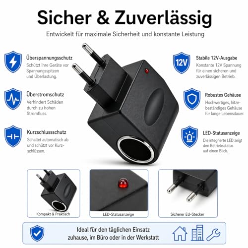 Powice Adapter 12 V to 230 V, 230 V to 12 V Cigarette Lighter Socket 24 W 2 A - AC/DC Voltage Converter EU Plug, 220 V to 12 V Converter for Car Devices, Compressor, Cool Box