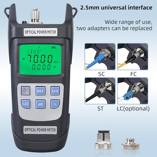 Fiber Optic Power Meter, High Precision Fiber Optic Cable Tester -70dBm ~ +10dBm with LED Light, OPM Optical Power Meter with 10 Wavelength Memories (Grey) black