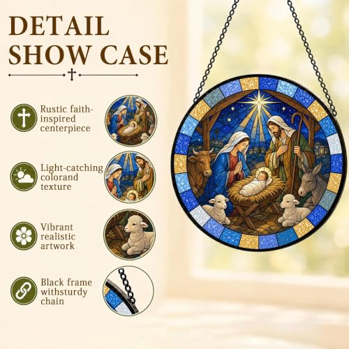 Nativity Set Suncatcher Stained Glass Window Hanging Christmas Nativity Ornament Gifts Christian Religious Gifts for Women Nativity Decor Jesus Sun Catcher Home 6.3 in 6.3 x 6.3 IN