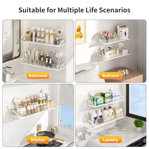 Two white suction cup shower caddies from Bxmeet mounted on bathroom tiles for organizing toiletries.