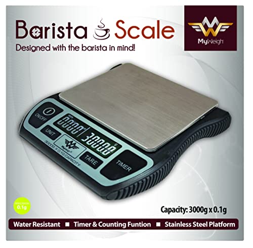 My Weigh Barista Scales Water Resistant Kitchen Coffee Scales with Timer & USB Rechargeable 3000g x 0.1g