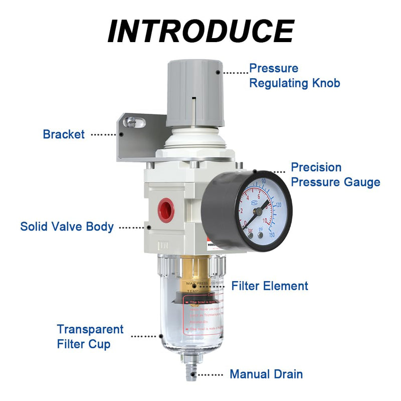 [Australia - AusPower] - 1/4"NPT Air Filter Regulator Combo Piggyback,5 Micron Brass Element, Semi-Auto Drain,Air Pressure Regulator AW2000-02,0-150 psi Gauge 1/4" NPT 