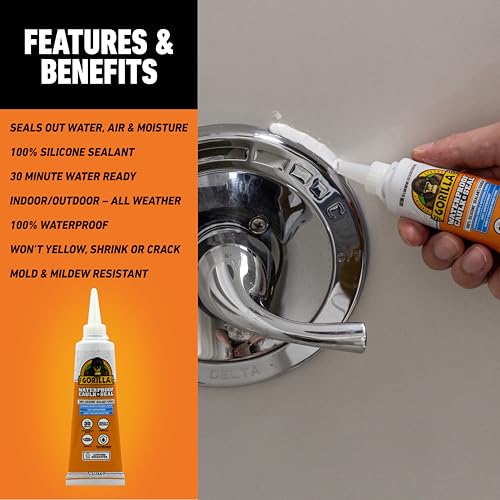 GORILLA Waterproof Silicone Caulk & Sealant, 2.8 oz white squeeze tube for kitchen, bath, windows, and doors