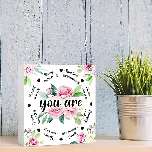 Inspirational Wood Box Sign Christian Wooden Block Signs The Bible Verse Quote Desk Décor for Home Office Bedroom Table Décor,Religious Gifts Christian Gifts for Women You Are Created