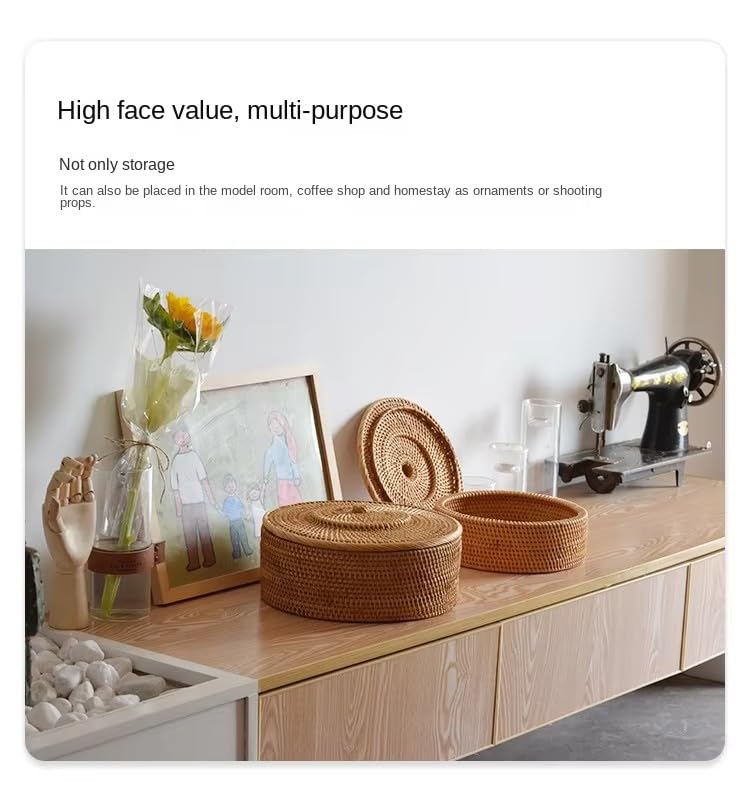 Handmade Natural Rattan Basket With Rattan Lid for Food Storage Container Vietnam Handicraft (Large)