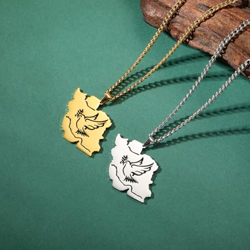 Dreamtimes Iran Map Pendant Necklace Peace Dove Olive Branch Persian Calligraphy Necklaces Stainless Steel Persian-Inspired Jewelry Style2-G