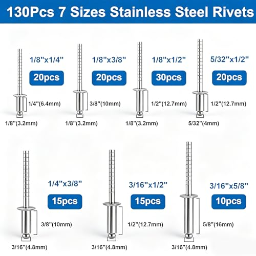 Seept 240-piece 304 stainless steel blind rivet assortment with washers in seven sizes, silver finish