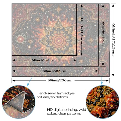 Spenlife Celestial Sunburst Tapestry, Fire Mandala Tapestries for Bedroom, Boho Wall Decor, Cosmic Tapestries (80" x 60") 80"L x 60"W Black Orange