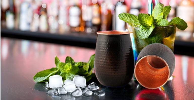 STAGLIFE 16 Oz Pure Copper Tumblers for Drinking Water Cups Mugs Glasses Set of 2, Solid Moscow Mule Hammered Tall Black Tumbler Cup Mug Glass with No Handle, Brushed/Large