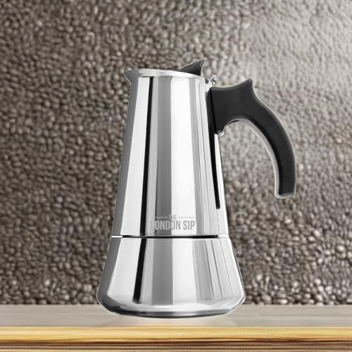 London Sip Stainless Steel Stovetop Espresso Maker Moka Pot Italian Coffee Percolator, Silver, 6 Espresso Cups Medium