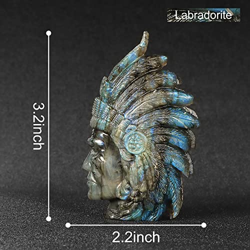3.2inches Labradorite Crystal Skull Indian Chiefs Hand Carved Bust Head Figurines Art Sculpture Healing Gemstone
