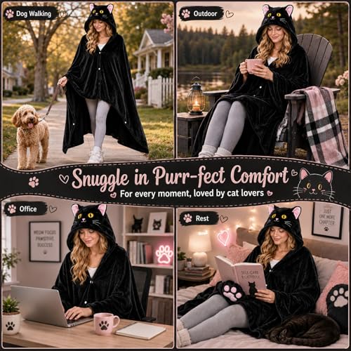 Emwwat Wearable Blanket Hoodie with Sleves, Black Cat Oversized Warm Flannel Blanket with Sleves Hoodie Gift for Mom, Girtfriend, Wife, Friend, Sister-Perfect for Christmas