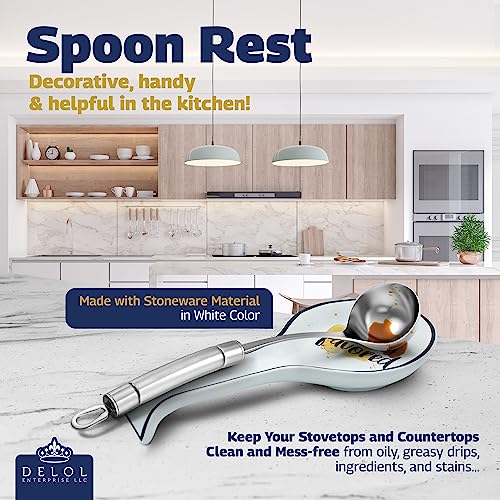 Delol Stoneware Spoon Rest for Stovetops and Kitchen Counters. Great for Kitchen Utensils like Spatulas, Spoons, and Ladles. Easy to clean. (White - Highly Favored)