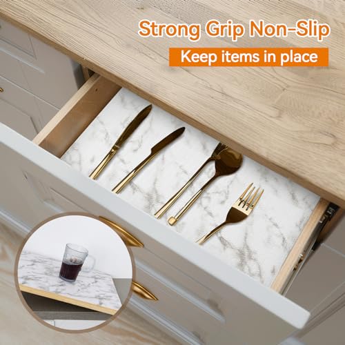 Drawer and Shelf Liner for Kitchen Cabinets, Non-Adhesive Strong Grip Cabinet Liners for Dressers, Durable Waterproof Anti Slip Cupboard Liner, White Marble, 17 in x 20 Feet 17.3"W x 236.2"L