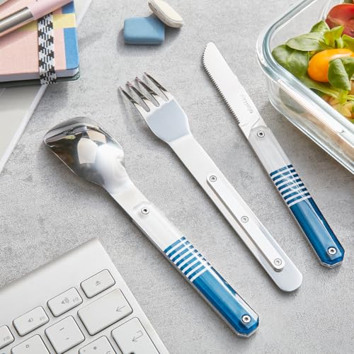 Akinod - Magnetic Utensils 12:34- Fork + Knife + Spoon Set - Stainless Steel- for the office, school, and the outdoors- Blue Mariniere