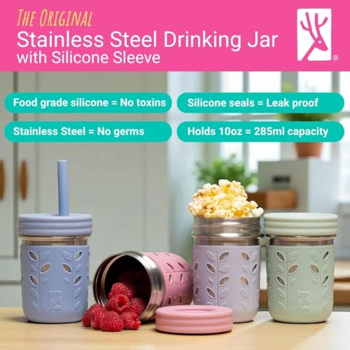 Elk and Friends Kids 10oz Stainless Steel Mason Jars + Sleeves + Lids | 4pk Pink/Teal/Yellow/Blue