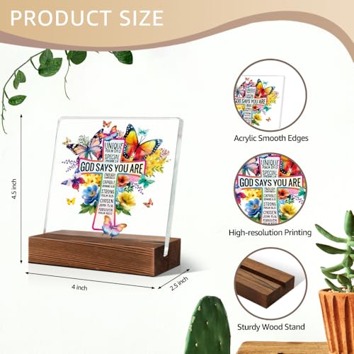 God Says You Are Cross Butterfly Acrylic Sign With Wooden Stand Multicolor 2