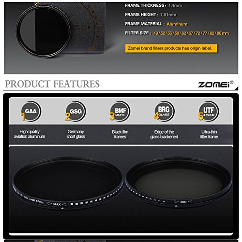 Zomei 49mm Ultra Slim ND2-ND400 Fader Variable Neutral Density Adjustable ND Lens Filter Optical Glass