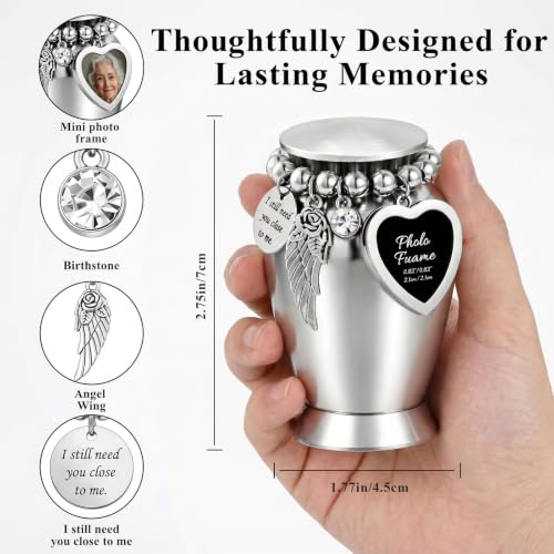 Small Urns for Human Ashes, Metal Cremation Urns for Both Humans and Pets with Velvet Bag and Spoon, Heart-Shaped Photo Frame, Suitable for Funeral, Burial, and Memorial Ceremonies