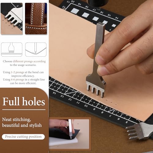QMNNMA leather stitching punch set with 1/2/4/6-prong white steel chisels and storage bag