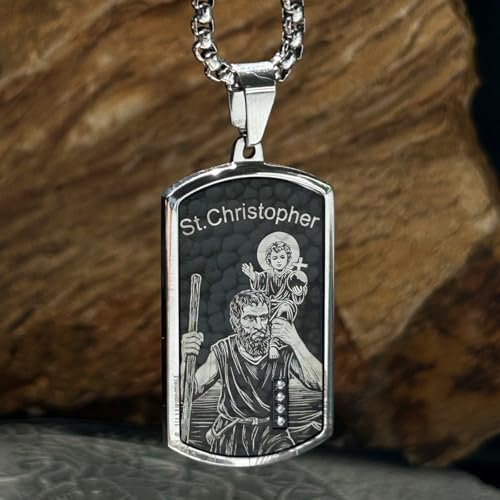 bahamut St Christopher Pendant Necklace for Men Womens,Stainless Steel Jewelry, Patron Saint of Travelers Black Silver SC