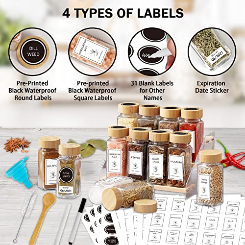 Aliggbent Spice Jars with Lable, 48 Pcs 4 oz Glass Spice Jars with Bamboo Lids, Spice Containers Bottles, Glass Seasoning Jars with Shaker Lids, Collapsible Funnel, for Spice Racks, Pantry,Cupboard 48PCS/4OZ