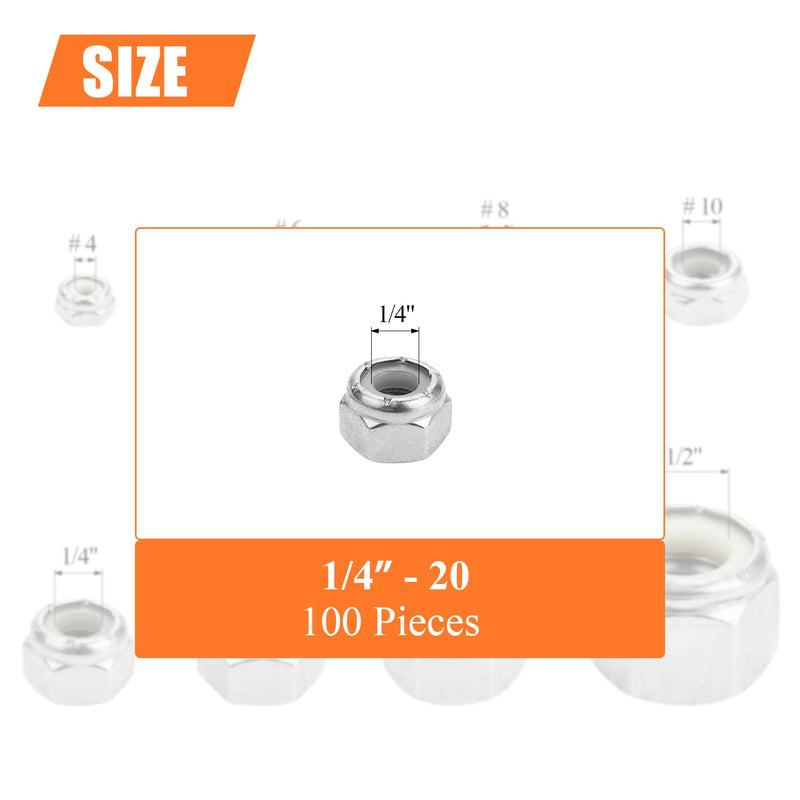 [Australia - AusPower] - 100 Pieces 1/4"-20 Nylon Insert Hex Lock Nuts, 304 Stainless Steel (18-8) Locknuts, Bright Finish, Coarse Thread 1/4"-20 (100 pcs) 