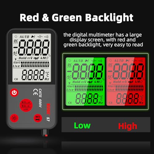 BSIDE Smart Digital Multimeter Tester, Red & Green Backlight with Rechargeable, True RMS Pocket 6000 Counts Auto-Ranging Voltmeter, Measures Resistance Continuity Frequency V-Alert Voltage Live Check
