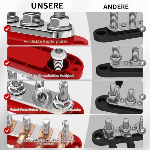 JoinfWorld Busbar 12v-48V,300A Power Distribution Block (BB300-T6M10) | Busbar busbar, 6 x M10 (3/8 inch) connection bolts, up to 48 V DC/300 V AC, with cover, for car, boat, solar system BB300-T6M10