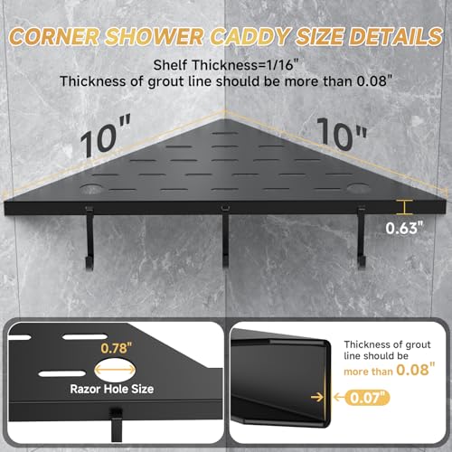 Corner Shower Shelves 10" Matte Black 304 Stainless Steel Recessed Shelf for Bathroom，Shower Corner Rack with Razor Hole Hook，Grout in Shelf for Tiled Wall, 2 Pack (Black)