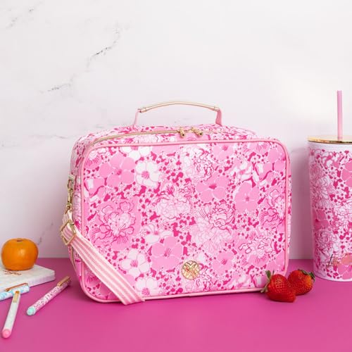 Lilly Pulitzer insulated lunch bag in Conch Shell Pink with Burst of Joy pattern, featuring a pink and floral design for keeping food fresh.