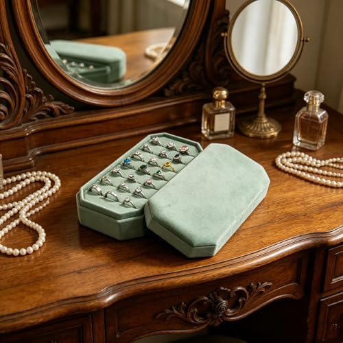 Velvet Ring Organizer Box - Ring Jewelry Box for Rings Earring, Jewelry Tray Rings holder Display Case for Girl Women (8.07"x4.13"x2.16") -PRB024-Mint Green Mint Green