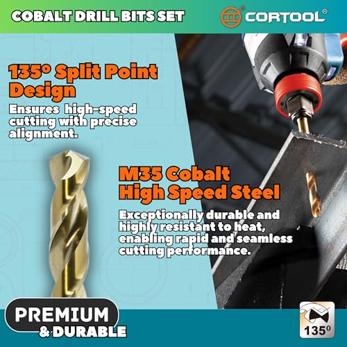 1/2 inch Cobalt Drill Bits (6Pcs), M35 HSS Metal Jobber Length Twist Drill Bit Set for Hard Metal, Stainless Steel, Iron, Copper, Aluminium, Brass, Plastic & Wood 6 1/2 Inch