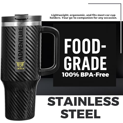 IROCA Adventure 40oz Tumbler with Handle & Straw – Leakproof, Hot 08h / Cold 60h, Food-Grade Stainless Steel, Black Carbon Fiber Finish.
