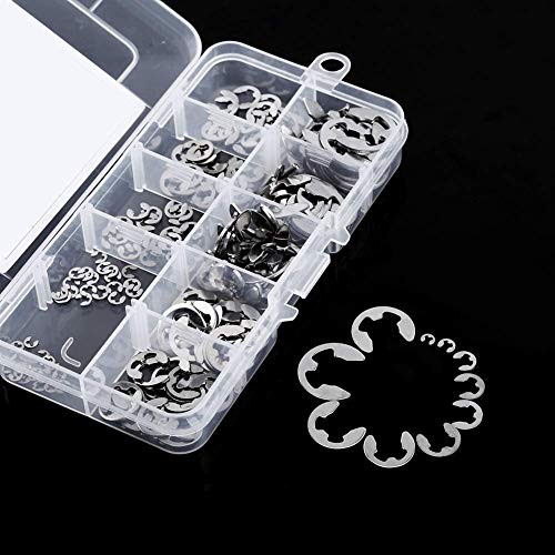 120Pcs 10 Size 304 Stainless Steel E-Clip Retaining Snap Opening Ring Circlip Kit 1.5/2 /3/4/5/6/7/8/9/10mm with Plastic Box