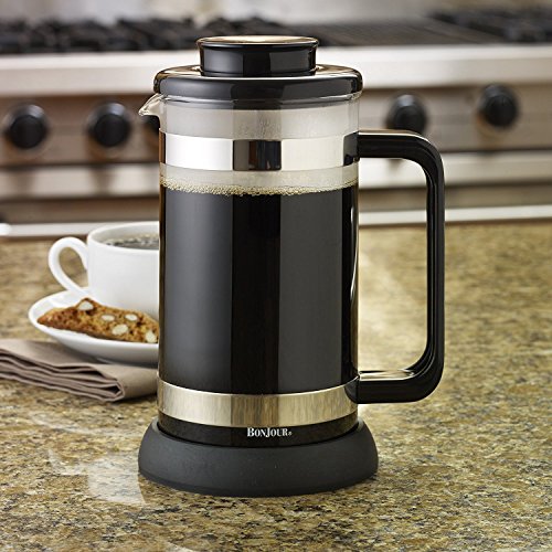 BonJour Coffee Borosilicate Glass French Press with Coaster & Scoop, 33.8-Ounce, Riviera, Black 33.8 oz