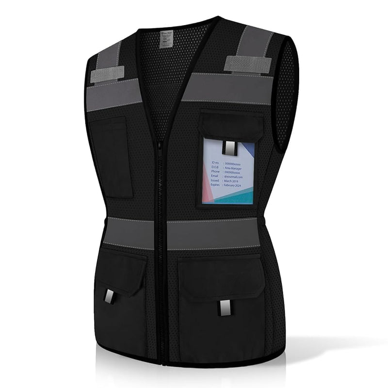 Reflective Vest for Women, Mesh Womens Safety Vest with 11 Pockets and Zipper, Hi Vis Neon Construction Work Vest for Lady Surveyors/Workers, Snugly-Fitted, ANSI Compliant (U-Black, M) Medium Black
