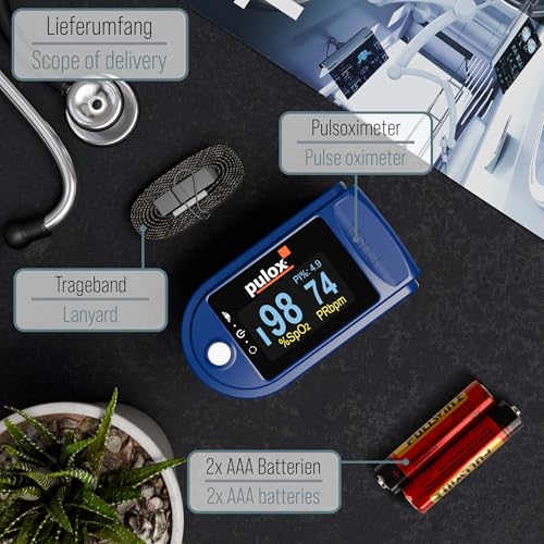 Pulse oximeter PULOX PO-200 Solo Finger Pulse Oximeter for Measuring Pulse and Oxygen Saturation on Finger | With precision indicator for reliable control of oxygen saturation, heart rate and perfusion index blue 1 pc. (pack of 1)