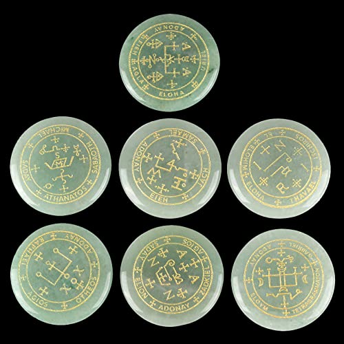 mookaitedecor 7 Piece Stones with Engraved Magic Archangel Symbol Green Green Aventurine