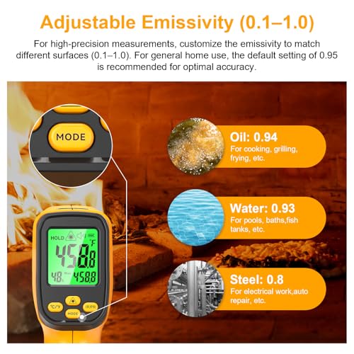 Infrared Thermometer Gun, Dual-Mode with Non-Contact IR & K-Type Thermocouple Probe Meature, -58°F to 1472°F High Accuracy Laser Temperature Gun with Emissivity, Humidity, for Cooking, Industrial Use Yellow