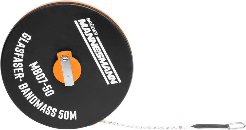 Brüder Mannesmann Fibreglass Tape Measure 50 m, with Crank Retraction, Weatherproof ABS Housing, Precise Measurement, Robust for Construction, Workshop and Garden, Pack of 1, M 807-50