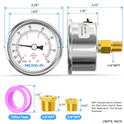 MEANLIN MEASURE stainless steel vacuum pressure gauge, 2-inch dial, 1/4-inch NPT back mount with hex bushing