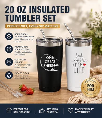 Fishing Couple Tumblers Set 2 Pack 20oz Stainless Steel Travel Mugs - One Great Fisherman Best Catch Anniversary Birthday Gifts 20.0 fluid_ounces Fishing