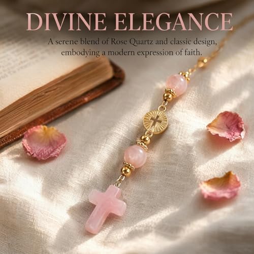 Crystal Cross Rearview Mirror Pendant, Rose Quartz Crucifix, Catholic Gift