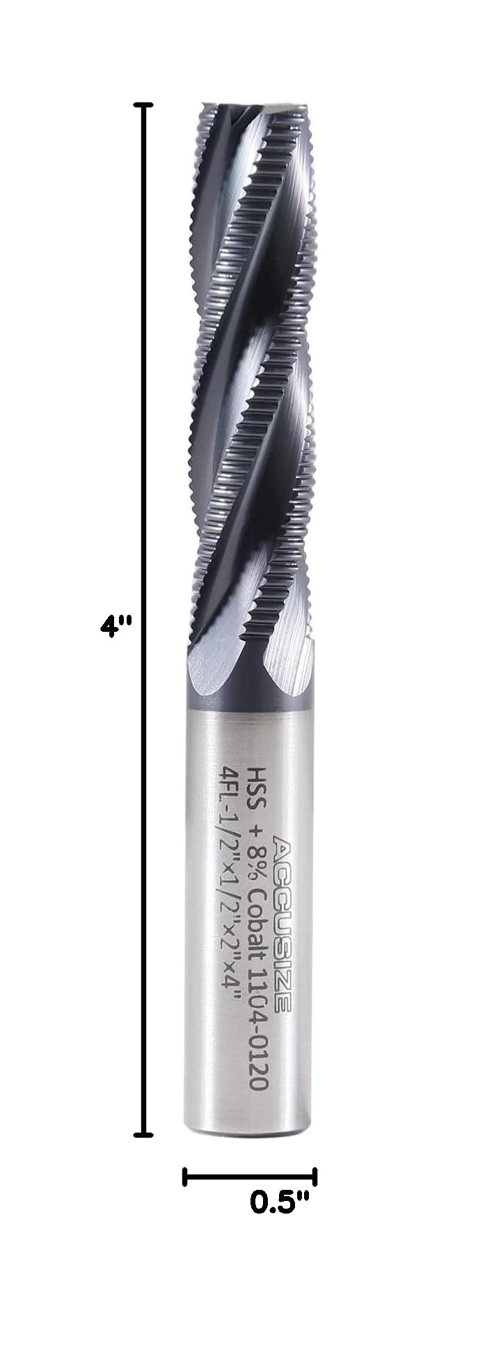 Accusize Industrial Tools 1/2'' Fine Tooth M42 8% Cobalt Tialn Roughing End Mill, 1/2'' Shk Dia, 2'' Flute Length, 4'' Oal, 4 Flute, 1104-0120 | Fine Tooth, M42 8% Cobalt, TiAlN Coated, 4" OAL, Single End, Center Cutting