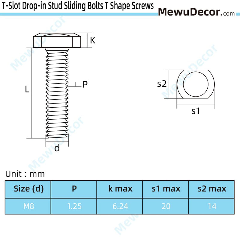 [Australia - AusPower] - M8 x 25mm T-Slot Drop-in Stud Sliding Bolts T Shape Screws, 304 Stainless Steel 18-8, Plain Finish, Fully Threaded, 10 PCS M8 x 25mm 
