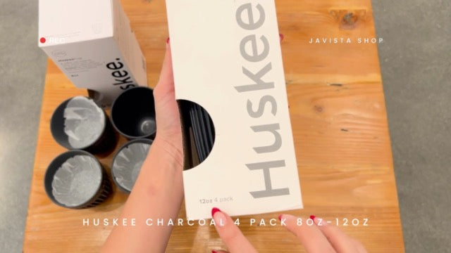 Set of four HuskeeCup 8oz charcoal coffee cups in a Huskee coffee serving set, durable and eco-friendly design.