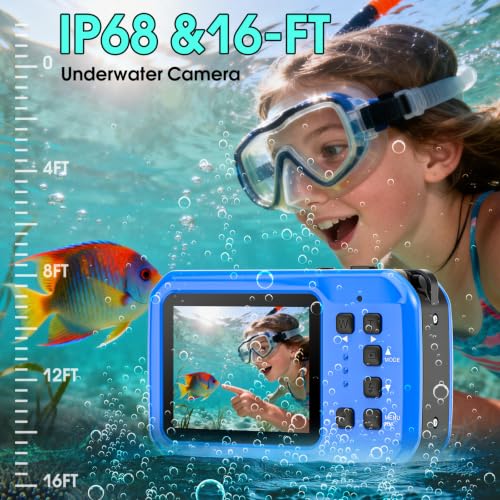 4K Underwater Camera, 64MP 16FT Compact Waterproof Camera with 16GB Card Blue
